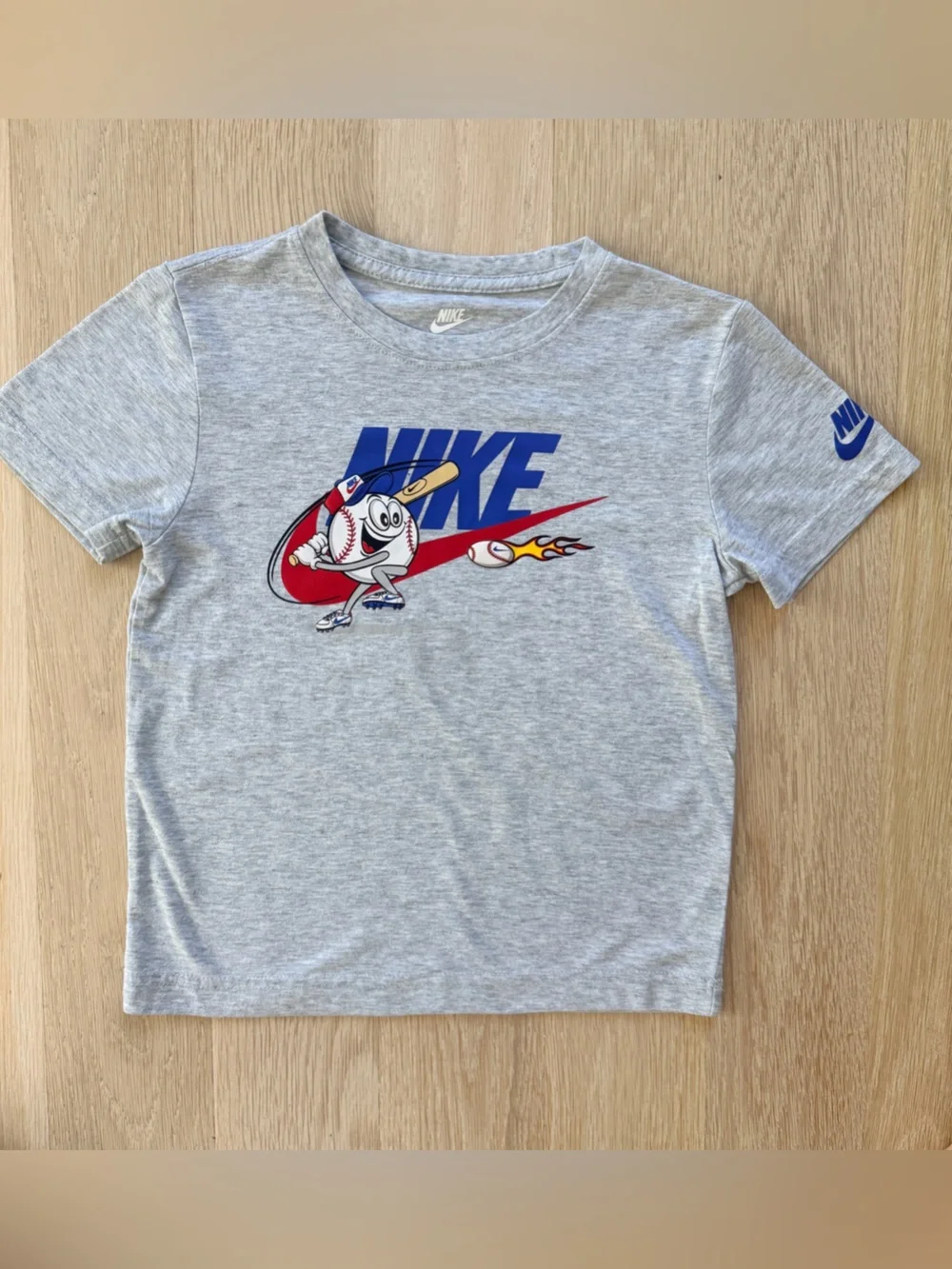 Nike Grey Kids Baseball Graphic Tee with Blue & Red Accents - Size 7 (6-7 years)